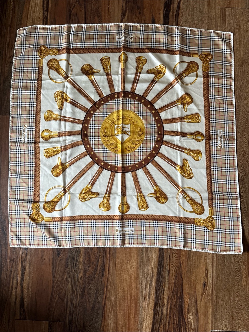 Burberry Silk Scarf in Cream, Tan & Gold Equestrian Detail
